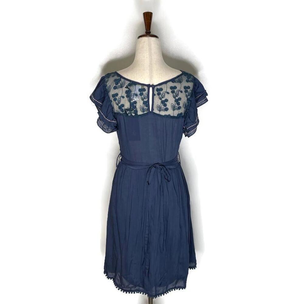 Moon Collection Blue Lace Ruffle Sleeve Embroidered Belted Pom Pom Lined Dress S - Picture 3 of 8